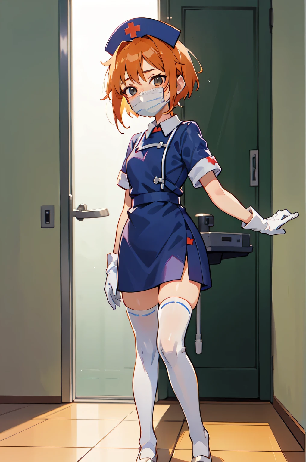 1girl, solo, nurse, nurse cap, white nurse uniform, ((white legwear, zettai ryouiki)), white gloves, very short hair, orange hair, ((white surgical mask, covered nose)), standing, ((hospital room)), sharp outline, short sleeves, tomboy, boyish, best quality, masterpiece