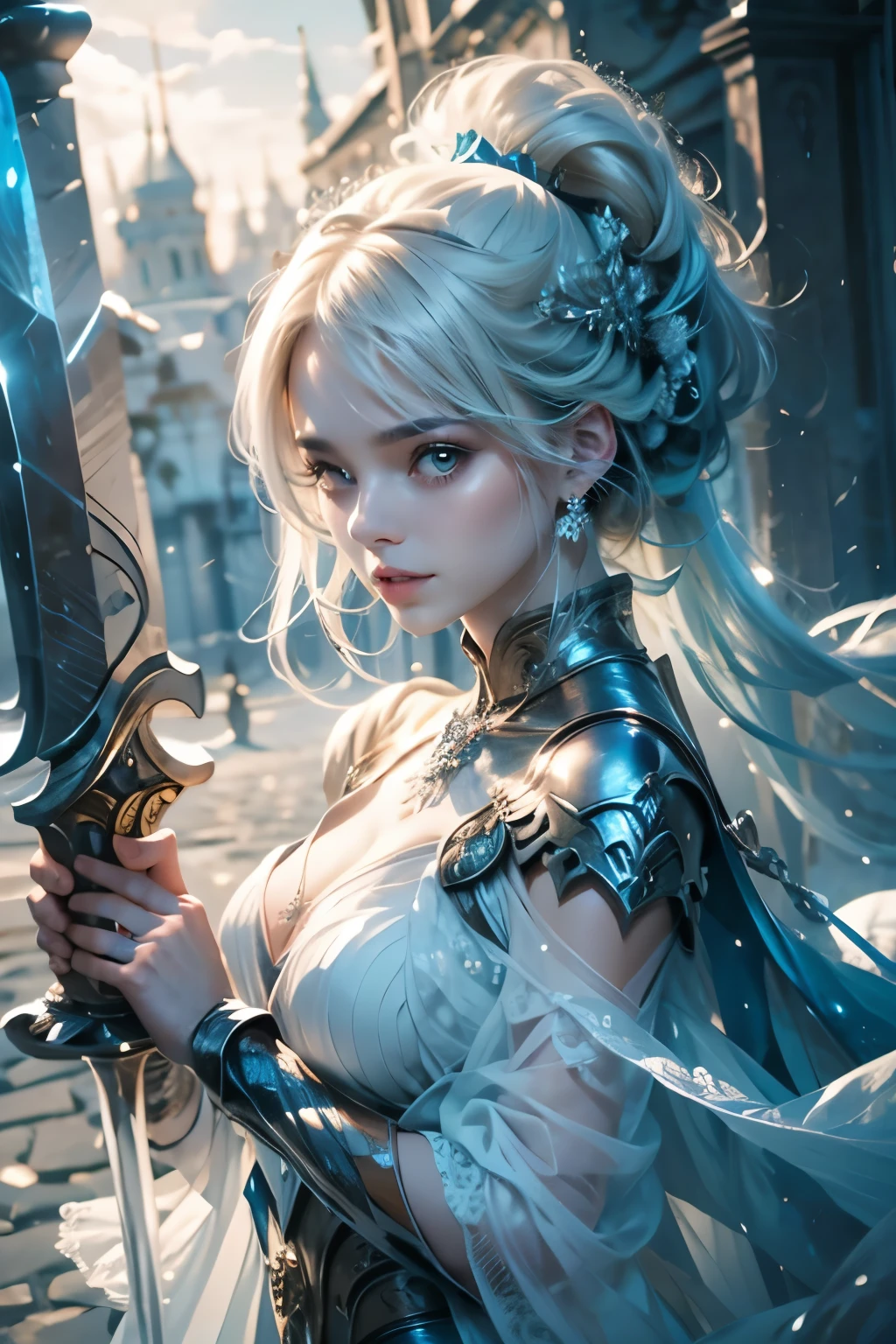 crystallineAI、Holding a sword、Ultra-high resolution、((masterpiece)))、(((highest quality)))、((Super detailed))、((Very delicate and beautiful))、Low angle shooting、1 girl、solo、short hair、(whole body)、A tense shot、Visual Impact、Pleated skirt、Realistic Face、Realistic Skin、Cute face,Pure,Dynamic pose