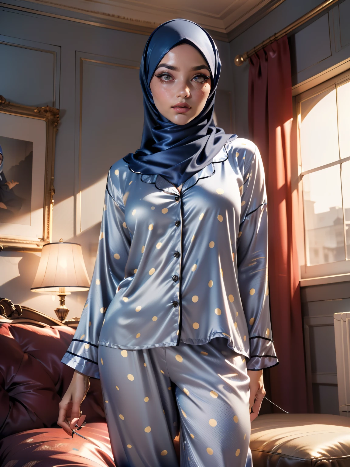 3DMM, ((Masterpiece, best quality, photography, detailed skin, realistic, photo-realistic, 8k, highly detailed, full length frame, High detail RAW color art, diffused soft lighting, shallow depth of field, sharp focus, hyperrealism, cinematic lighting, hijab, a woman in a beautifully makeup, smokey eyeshadow, beautiful big eyes, long eye lashes, wearing (Dark blue satin hijab), loosely tide hijab style, ((gray satin polka dot sewing pyjamas)), gray satin polka dot long trousers, relaxing on sofa, bedroom, 