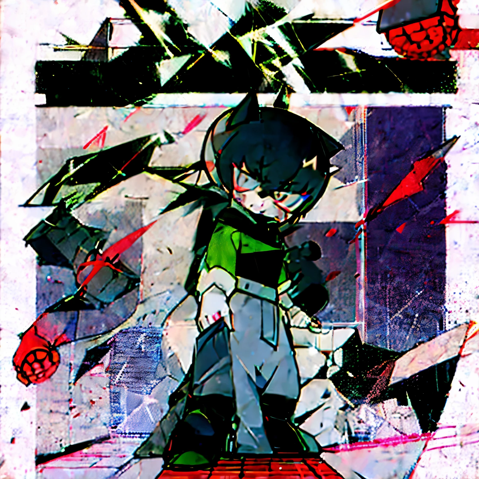 background:White wall,perspective:Landscape,Have a sprashooter,solo,Shota,Tongue out,Black fluffy fur,Beastman,Wolf,headphone,Long Parka,pants(Tuck the hem into your shoes),Black long boots,With heels,
