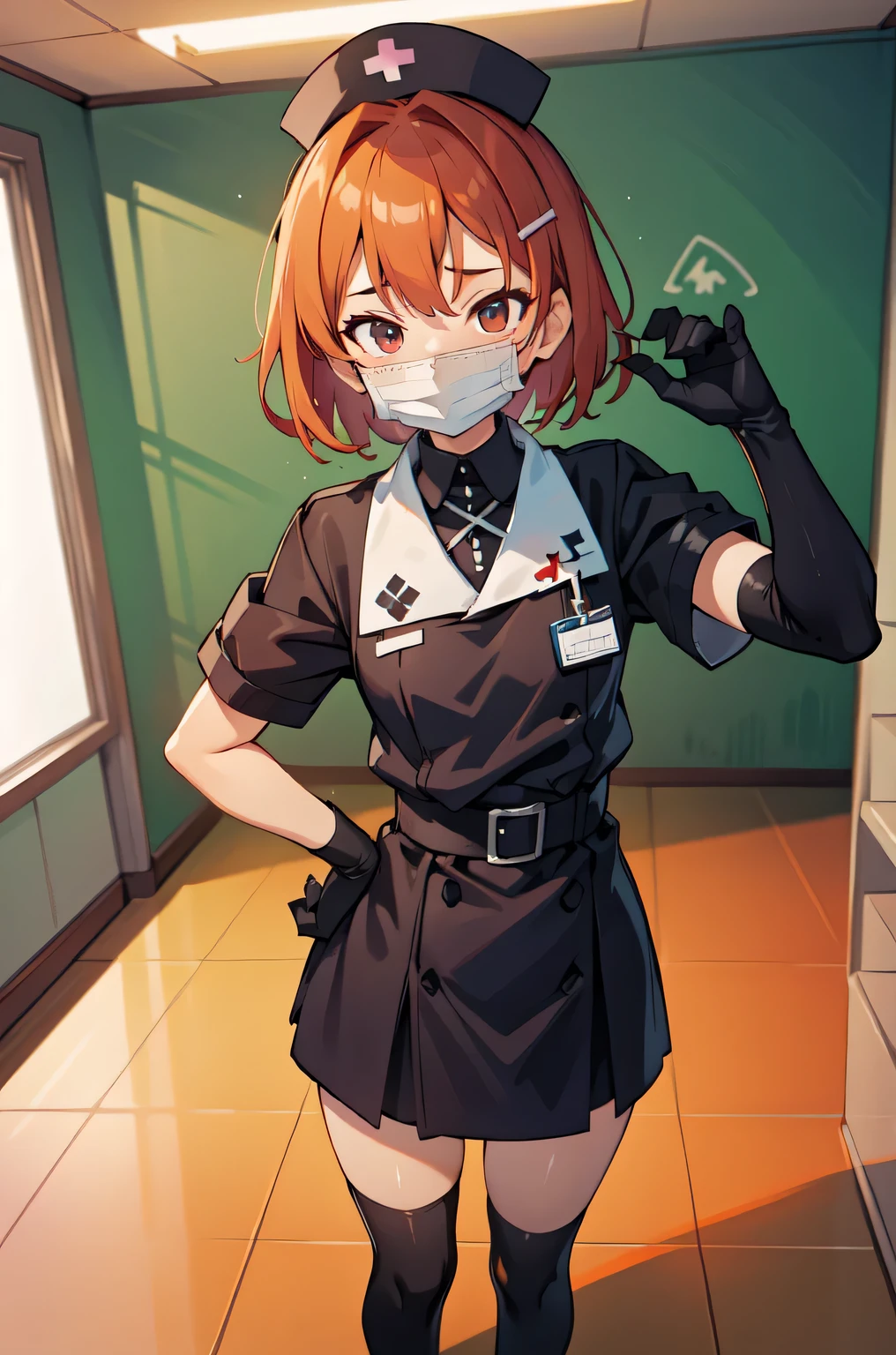 black nurse, 1girl, solo, black nurse cap, black nurse uniform, ((black legwear, zettai ryouiki)), black elbow gloves, very short hair, orange hair, ((black surgical mask, covered nose)), standing, ((surgery room)), sharp outline, short sleeves, tomboy, boyish, best quality, masterpiece