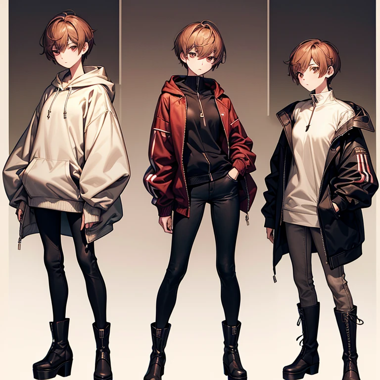 masterpiece、Subtle details、Slender beauty、Put on the hood、slim、Small breasts、Sharp eyes、younger sister、Pixie Cut、Short nape、Oversized zip-up jacket(hoodie)、Tight skinny pants、Platform boots、Reddish brown hair、