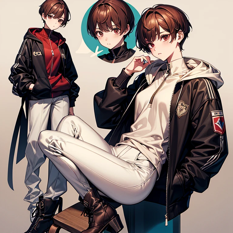 masterpiece、Subtle details、Slender beauty、Put on the hood、slim、Small breasts、Sharp eyes、younger sister、Pixie Cut、Short nape、Oversized zip-up jacket(hoodie)、Tight skinny pants、Platform boots、Reddish brown hair、
