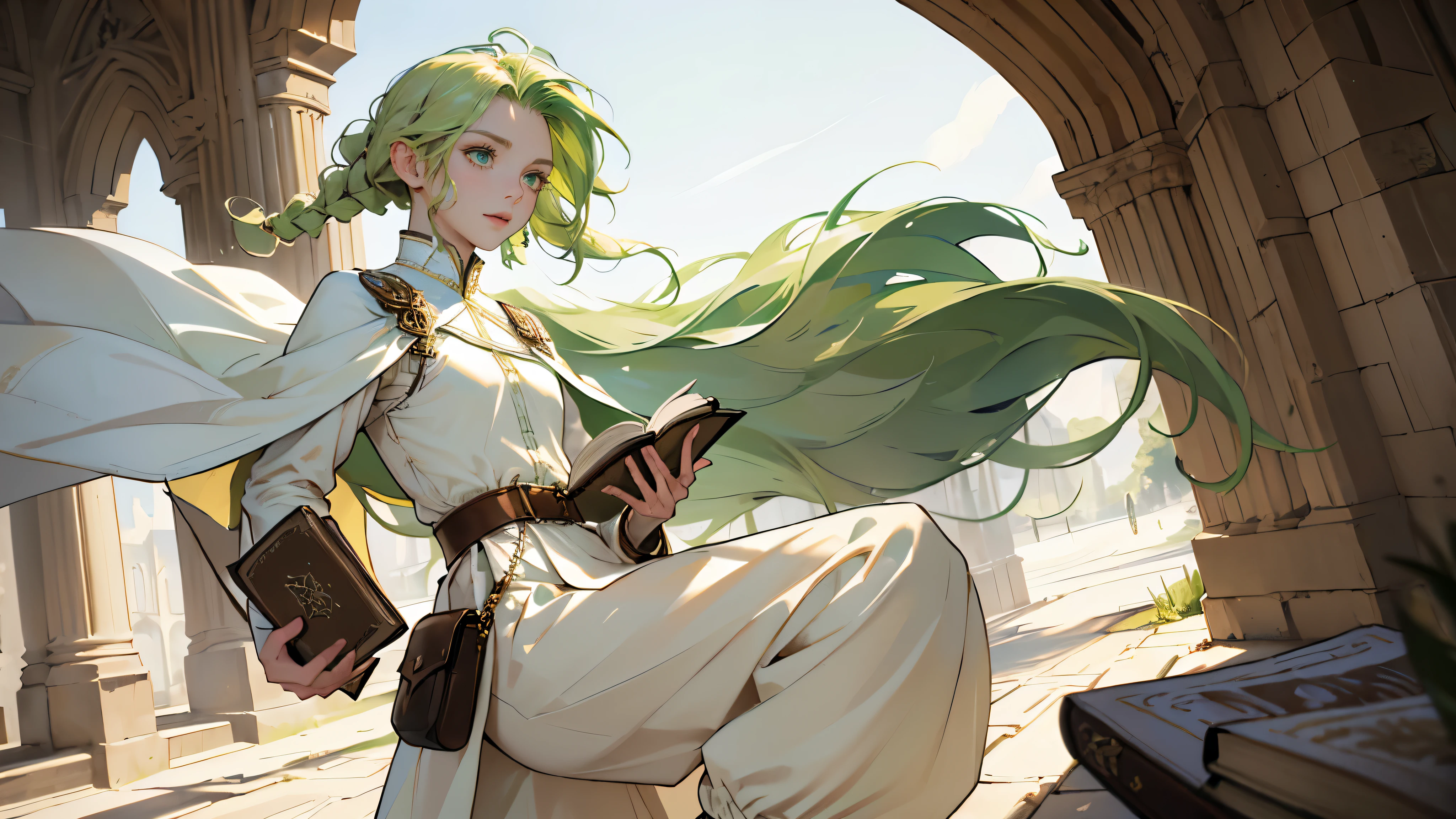 masterpiece, ultra detailed, 8k portrait, RAW photo, portrait photography, highly detailed face, beautiful and meticulous eyes, ((Fantasy)), Young beautiful, , (((drooping eyes))), dynamic pose, (((short wavy light green hair))), ((braided twin tail)), parted bangs, White skin color, Luxury, (((white tunic))), ((((brown wide pants)))), (((brown cape))), (((little waist hip pouch))), high cut leather boots, ((holding magic book)), Midday Sun, hyper realistic, slender body, flat chest, Long legs, on the medieval road, Ambient lighting, Shadow details , Camera focus on face, strong breeze, Light fog