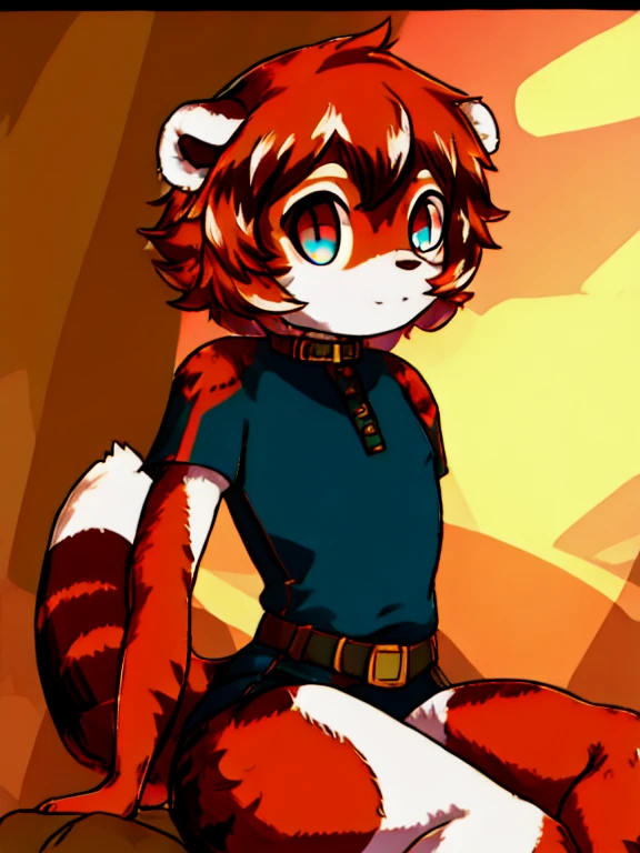 Masterpiece, intricate, anime style, full body, 1girl, rakkun, tanuki ears, red inner ears, red inner ear hair, 1tail, fluffy tail, racoon tail, brown and light brown ringed tail, beautiful eyes, detailed eyes, red and blue eyes blurred, short hair, red inner hair, brown hair, a strand of hair on the left side, red hair strips, short black shirt uncovered on the shoulders and with a black mesh with black borders up to the collar, polo shirt, short black skitr whit dark red checkered, black belt around the waist, looking at viewer, detailed face, best quality, 4k,highres, professional art, professional drawing, professional lineart, outlined markers,nsfw,