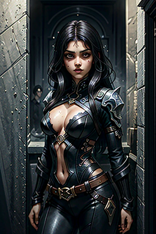 An indian woman, most sexy indian woman, shadow assassin, spectral form, drawing her blade weapon from the sheath, hiding in a dark corner, waiting for her prey, her lowerbody is vanishing into dark mist, oil painting style, detailed eyes and lips, ethereal beauty, flowing black hair, intricate patterns and vibrant colors, exotic backdrop, moonlit night, dramatic lighting, mysterious atmosphere, high tension atmosphere, dark mood, intense shadows, high contrast, vivid colors, masterful brushstrokes, hauntingly beautiful, realism, high resolution, 4K quality, HDR, atmospheric lighting, immersive artwork, captivating composition, dynamic pose, suspenseful narrative, cinematic feel.