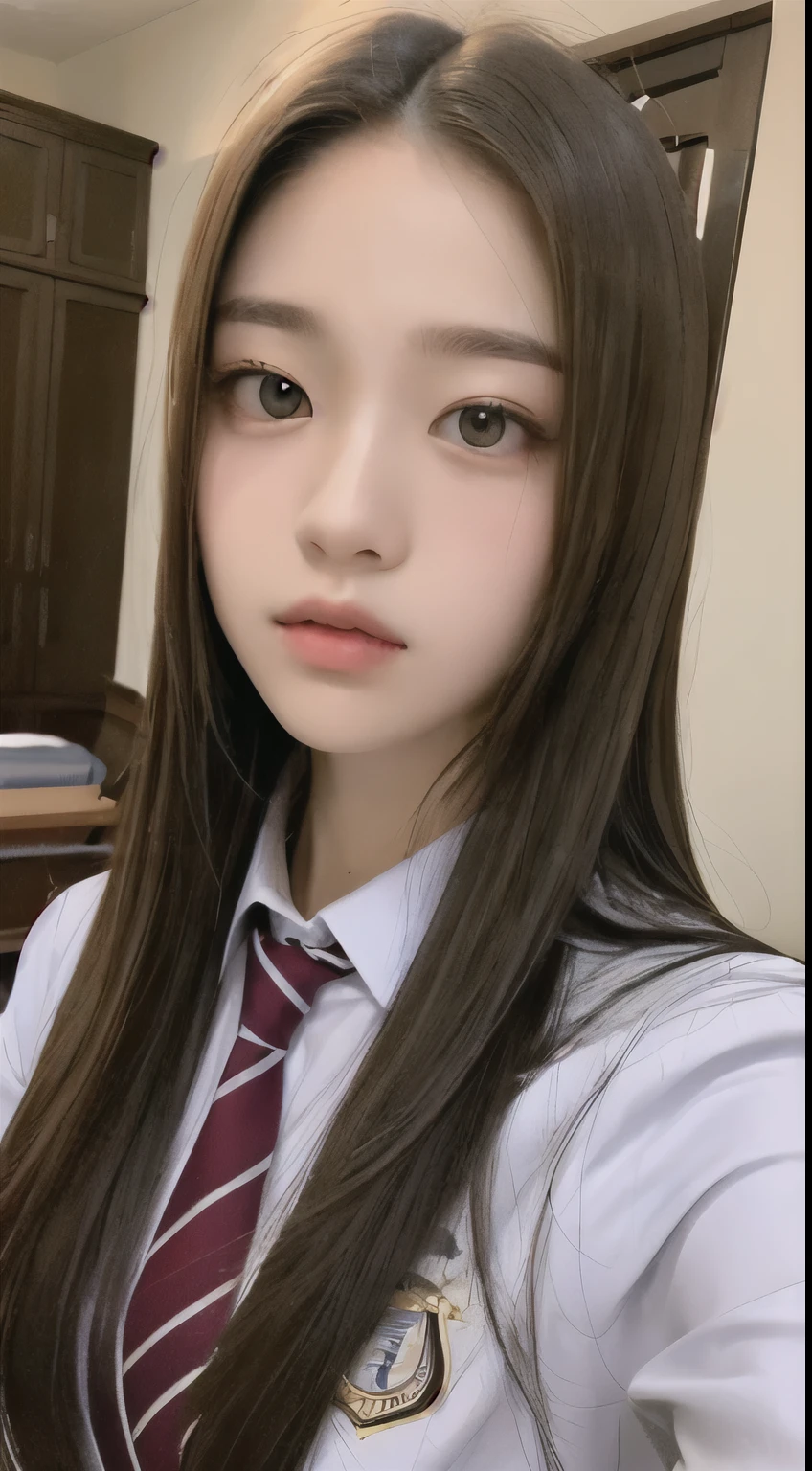 College uniforms,Highly detailed face, Fine grain, double eyelid, Blur the background, Slim face, room