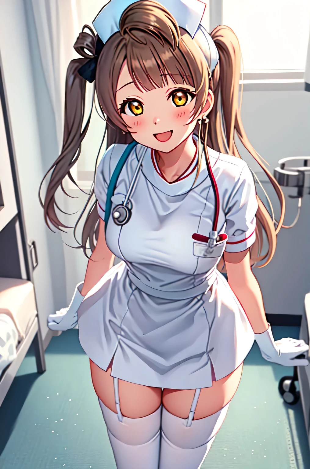 minami_kotori_lovelive, long_hair, brown_hair, one_side_up, smile, blush, yellow_eyes, hair_bow, brown_eyes, bangs, open_mouth, breasts, solo, nurse, ((white nurse cap, white nurse's outfit)), ((white legwear, zettai ryouiki)), white gloves, standing, hospital room, sharp outline, short sleeves, best quality, masterpiece