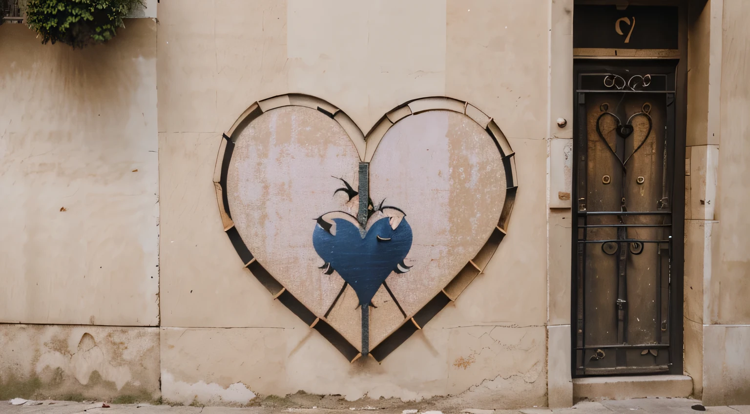 Muro(parede antiga) em uma Rua vazia(((Paris))), deserta, com Outdoor(((sad torn hearts)))