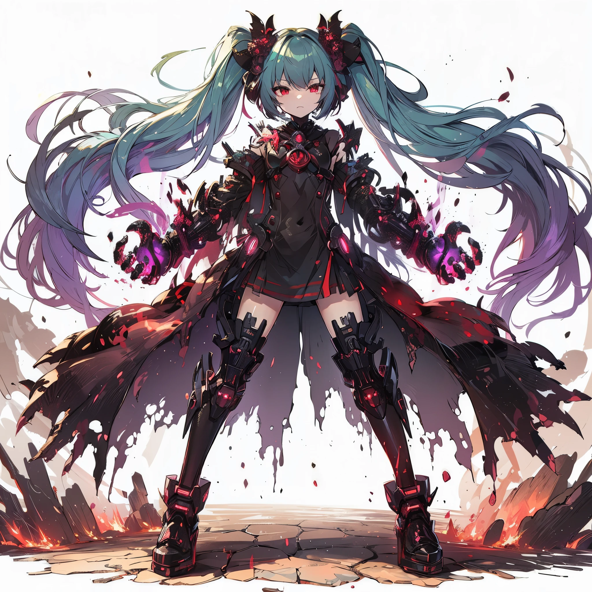(masterpiece, Best Quality), (detailed hairs), Ultra-detailed, Anime style, Full body, solo, cyberpunk fighter girl, burned black mechanical limb, mechanized foot, ((fists of black-purple flame)), Sea green two topknot hairstyle with red eyes, wearing raged red cloak, shorts top and red skirt. 8k high resolution, white background, whole-body, digital painting, standing in burned earth.