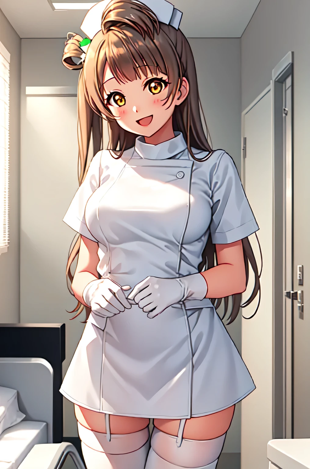 minami_kotori_lovelive, long_hair, brown_hair, one_side_up, smile, blush, yellow_eyes, hair_bow, brown_eyes, bangs, open_mouth, breasts, solo, nurse, ((white nurse cap, white nurse's outfit)), ((white legwear, zettai ryouiki)), white gloves, standing, hospital room, sharp outline, short sleeves, best quality, masterpiece