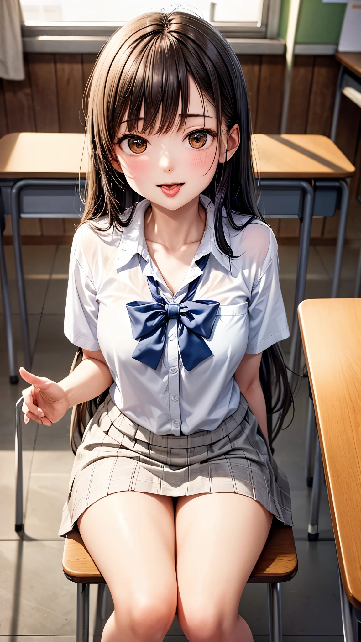 High detail, high quality, masterpiece, (small breasts), impatient pet pose, school classroom, legs spread, no panties, 1pussy visible,  school girl outfit, white shirt, black mini skirt, tie, 1vagina visible, 18 year old very young