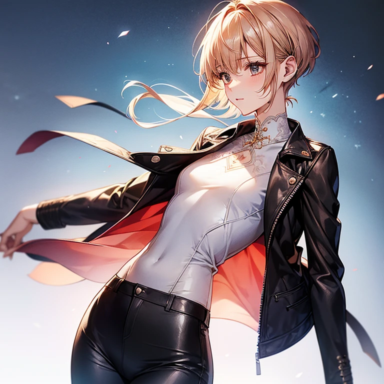 Otome、Tokimeki、Cute slender beauty、leather jacket、White blouse（delicateな刺繍）、short、Pixie Cut、short nape、Modest chest、Beautiful nape、model like、Tight skinny pants、delicate、Slender body、Red cheeks、beautiful girl