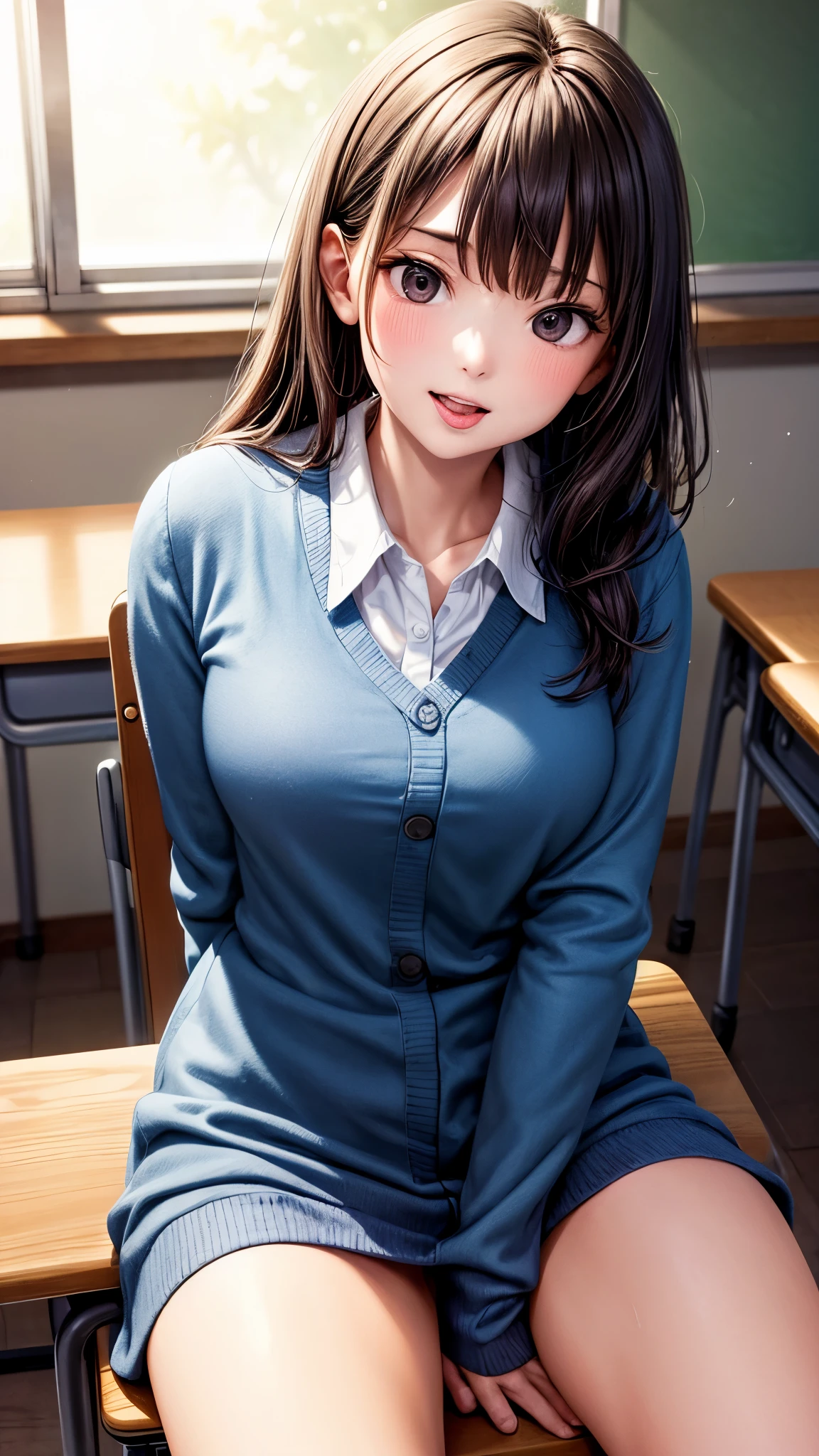 highest quality、4K quality、Man sitting on chair in classroom、A high school girl sits backwards on a man、a man puts his hand inside a woman&#39;s clothes、The woman has bare legs、The woman is slender、Man is a teacher、Woman opens her mouth and sticks out her tongue、The woman&#39;s crotch is wet