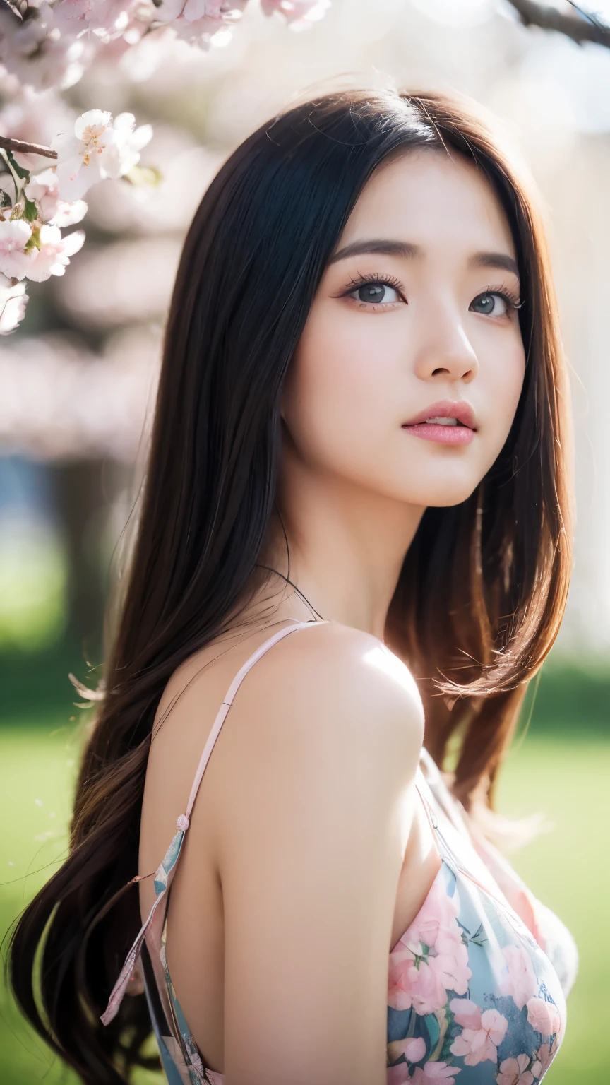 (logo、masterpiece、8k、Tabletop、RAW Photos、wonderful、最high quality、フォトリアリスティックでVery detailedな CG 統合 8k 壁紙、high quality、Very detailed、Narrative poem、Particle Effects、Dynamic Effects、Written boundary depth、Cinematic Light、Lens flare、Ray Tracing)、Fantasy、 (One beautiful woman、dress、dress、Cherry blossom pattern、Black-haired、Beautiful Face、True Face、Beautiful details、eye、Beautiful Skin)、髪がWindで踊る、Hair flutters in Wind、Hair bounces、Pink cherry blossom tree、Petals fluttering、SakuraFubuki、wonderful景色、sunrise、Sun in the background、Wind