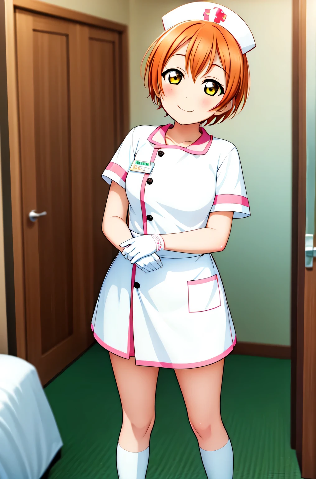 1boy, solo, male focus, nurse, white nurse cap, white nurse uniform, ((white legwear, zettai ryouiki)), white gloves, short hair, orange hair, smile, open mouth, standing, ((hospital room)), sharp outline, short sleeves, shota, yo, best quality, masterpiece