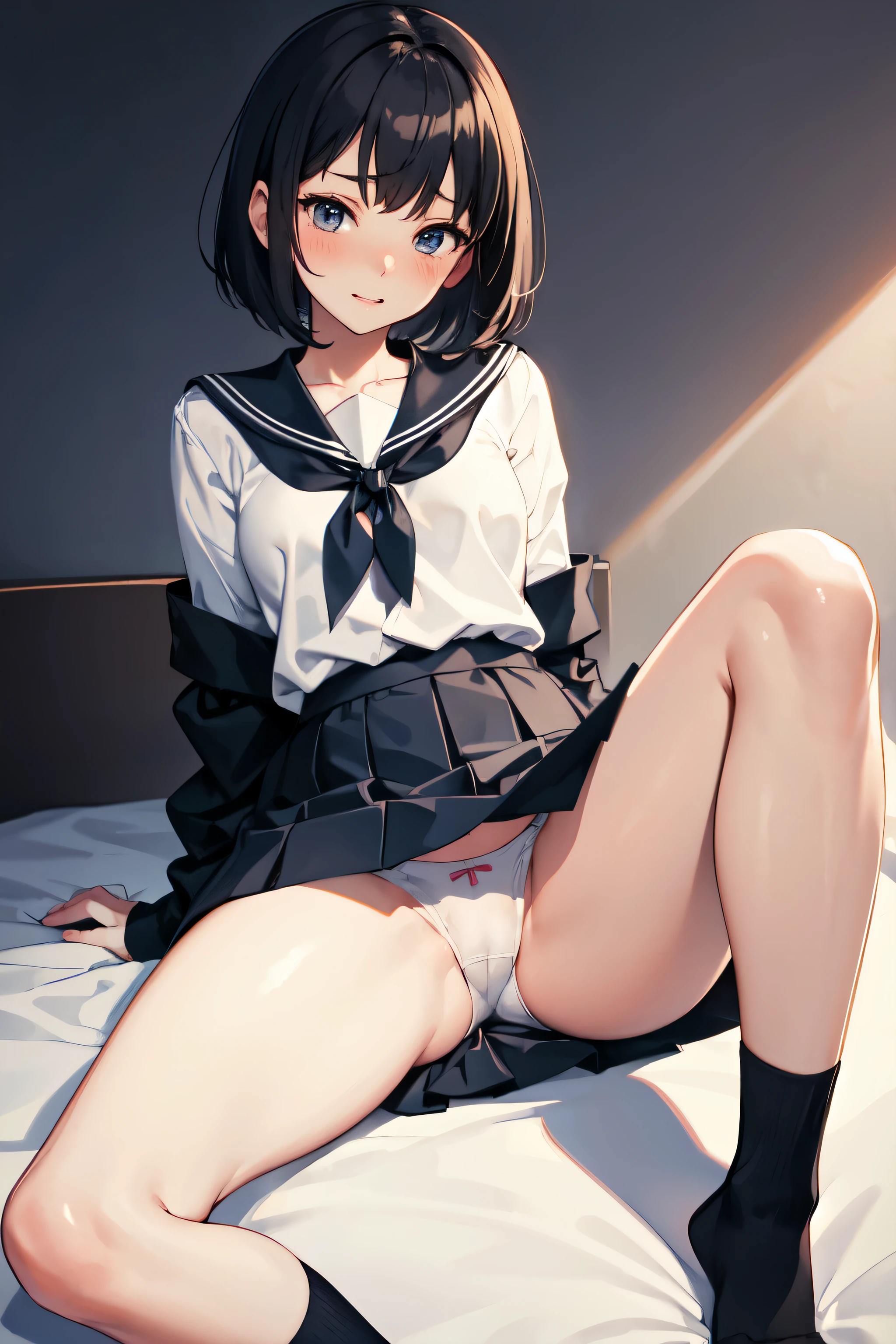 Anime Girlasterpiece,4K,highest quality,Small breasts,White shirt,Navy blue short skirt,Bobcut,black long socks,Face is small compared to body,face(4:1),Showing her panties,Feeling embarrassed,One girl,Black Hair,,stand,White pants,With legs wide open,