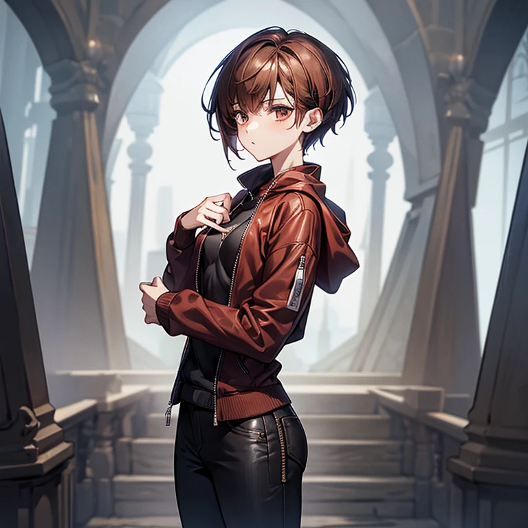 masterpiece、Subtle details、Slender beauty、Put on the hood、slim、Small breasts、Sharp eyes、younger sister、Pixie Cut、Short nape、Oversized zip-up jacket（hoodie）、Tight skinny pants、Platform boots、Reddish brown hair、
