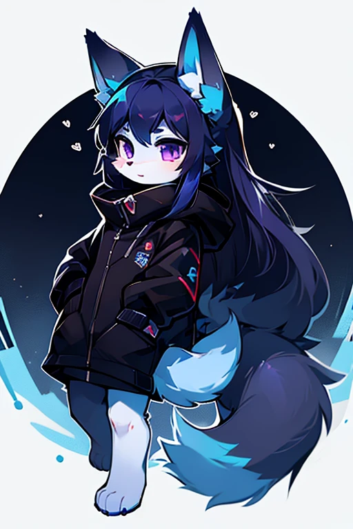 1 girl, anthropomorfic fox, anthro, fox, blue fur, blue boddy, white details, purple eyes, e621, black clothage, black ears, black  paws, blue hair, long hair, cute, chibi, holding two revolvers,adolecente,