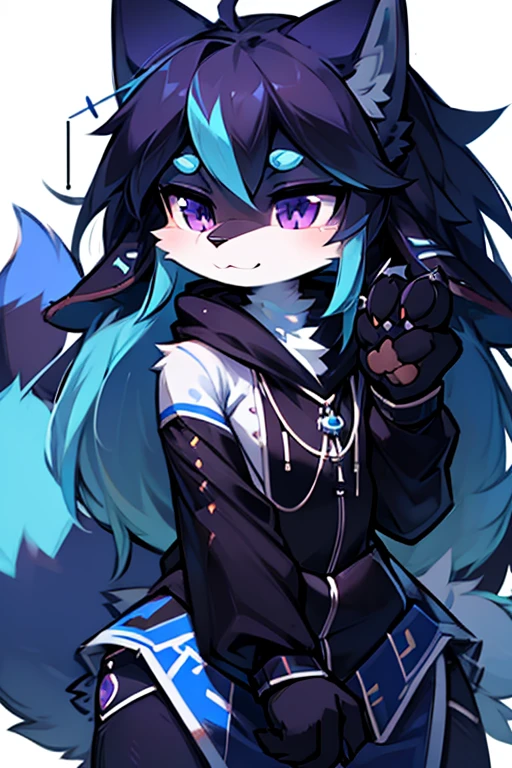 1 girl, anthropomorfic fox, anthro, fox, blue fur, blue boddy, white details, purple eyes, e621, black clothage, black ears, black  paws, blue hair, long hair, cute, chibi, holding two revolvers,adolecente,