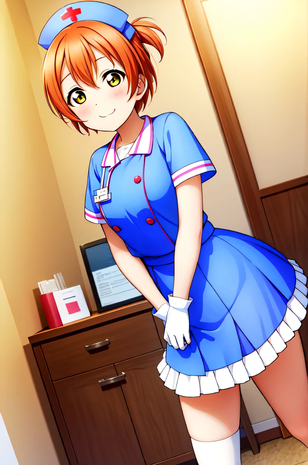 rin hoshizora, short hair, orange hair, yellow eyes, small breasts, solo, nurse, ((white nurse cap, white nurse's outfit)), ((white legwear, zettai ryouiki)), white gloves, smile, :3, standing, hospital room, sharp outline, short sleeves, best quality, masterpiece