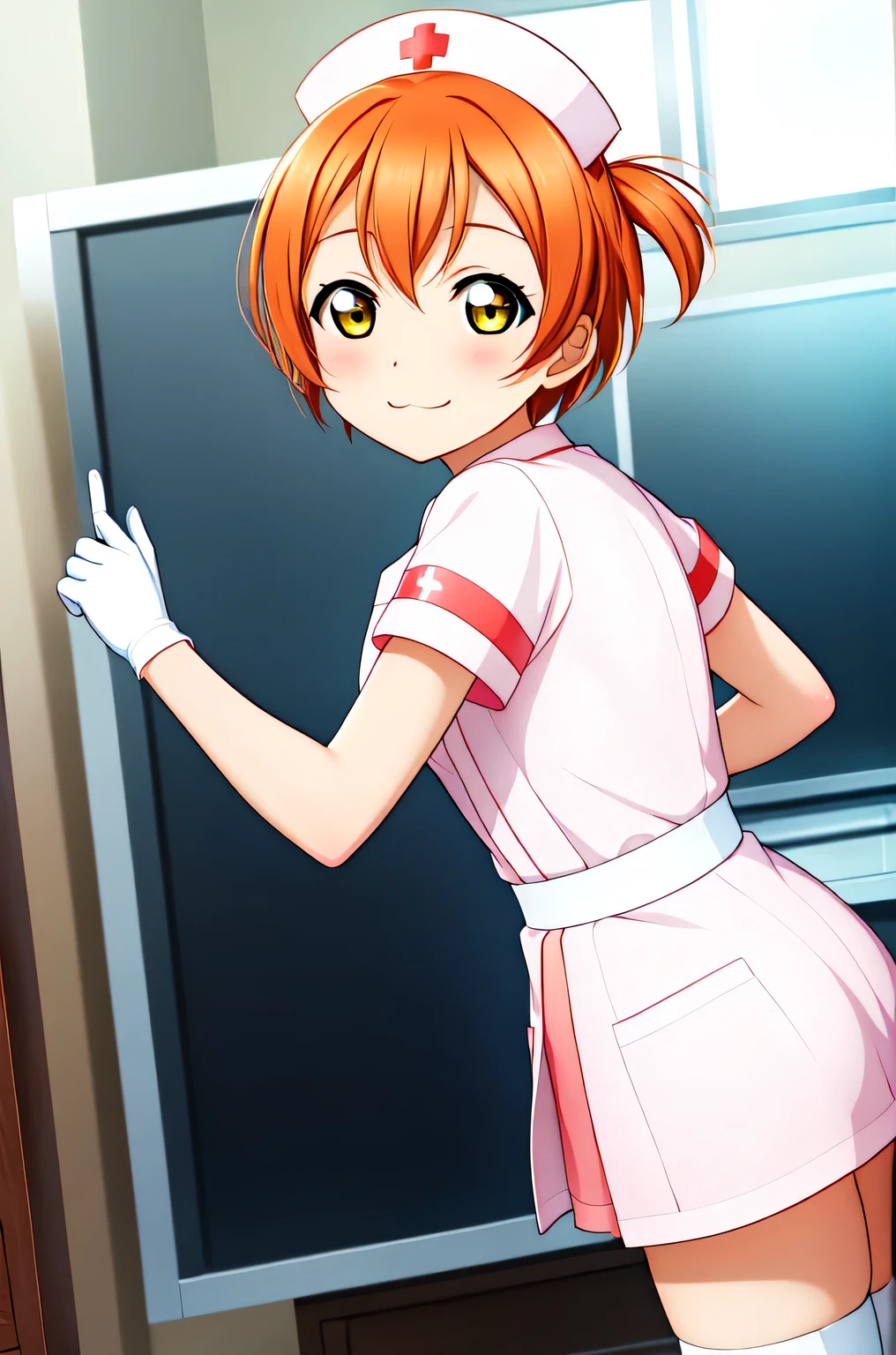 rin hoshizora, short hair, orange hair, yellow eyes, small breasts, solo, nurse, ((white nurse cap, white nurse's outfit)), ((white legwear, zettai ryouiki)), white gloves, smile, :3, standing, hospital room, sharp outline, short sleeves, best quality, masterpiece