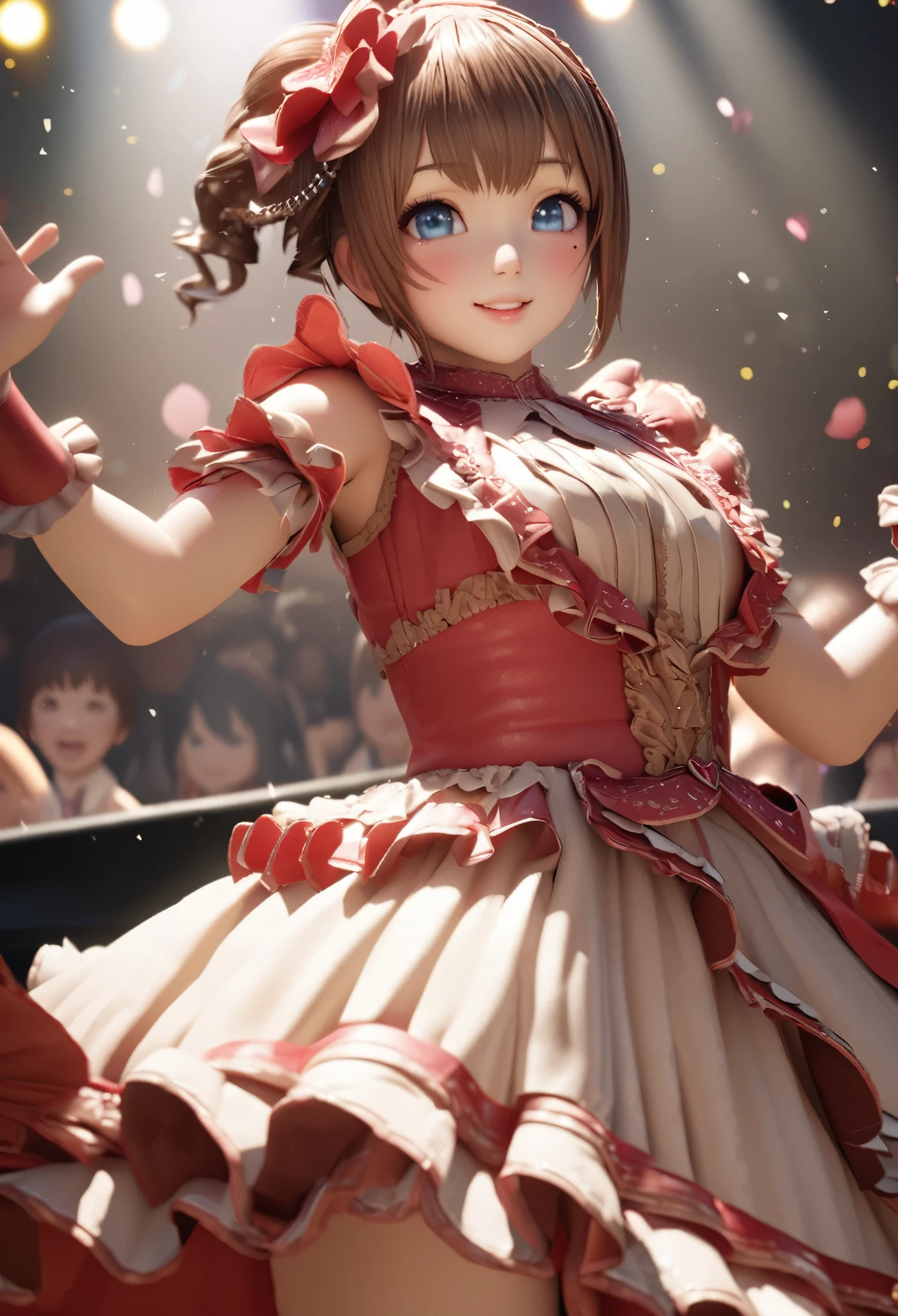 One Girl、Looking at the audience、
Beautiful Blue Eyes、Brown short hair、Mole under the eye、Plump and glossy lips、Heart-shaped choca、Idol、smile、ー、。.。.。.。.。.。.。.。.。.。.。.。.。.。.。.。.。.。.3D、Realistic、
Princess dress with too many frills、Drape clothes、gem、The decoration has been removed、Floral、Lace trim、bright stage、
masterpiece、highest quality、8k、Detailed skin texture、Detailed cloth texture、Beautifully detailed face、Intricate details、Very detailed、
超A high resolution、8k Ultra HD、Film Grain、Best Shadow、delicate、Gazing at the audience、front