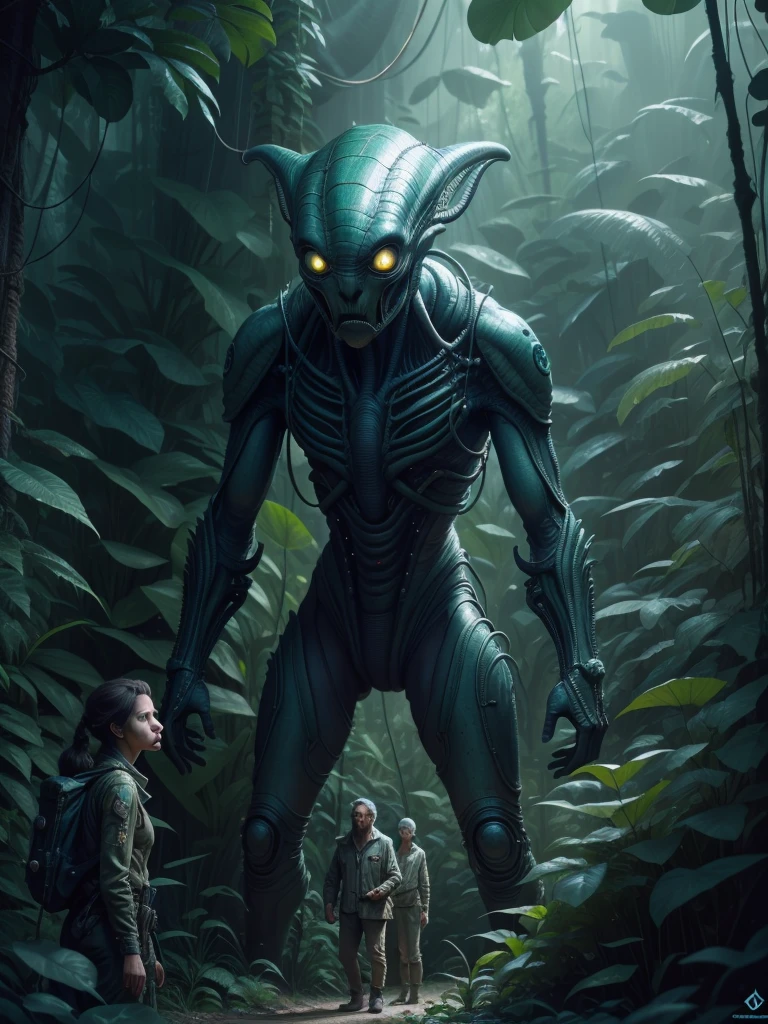 "An alien guest meets a man" in a jungle environment,  Highly detailed, Extremely detailed, delicate detail, crisp quality, ultra realistis, A hyper-realistic, surrealism, Dark art, Cinematic,  thousand., A still from Steven Spielberg's epic film, sharp-focus, Smoke, ArtStation Hyperrealism Painting Concept Art Detailed Character Design,