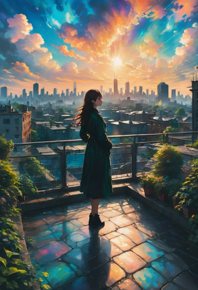 1girl,Person Standing on the Rooftop,aesthetic,okujyou,scenery,sky,fence,cloud,blue sky,outdoors,rooftop,building,day,cityscape,shadow,chain-link fence,city,(best quality,4k,8k,highres,masterpiece:1.2),ultra-detailed,(realistic,photorealistic,photo-realistic:1.37),HDR,UHD,studio lighting,ultra-fine painting,sharp focus,physically-based rendering,extreme detail description,professional,vivid colors,bokeh,portraits,landscape,colorful,overlooking,serene,peaceful,tranquil,sunlit,contemplative,striking silhouette,picturesque scenery,immersive,dreamy ambiance,sophisticated styling,elegant,touch of nostalgia,lush greenery,relaxing atmosphere
