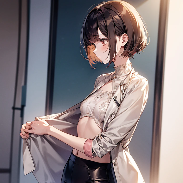 Otome、Tokimeki、Cute slender beauty、leather jacket、White blouse（delicateな刺繍）、short、Pixie Cut、short nape、Modest chest、Beautiful nape、model like、Tight skinny pants、delicate、Slender body、Red cheeks、beautiful girl