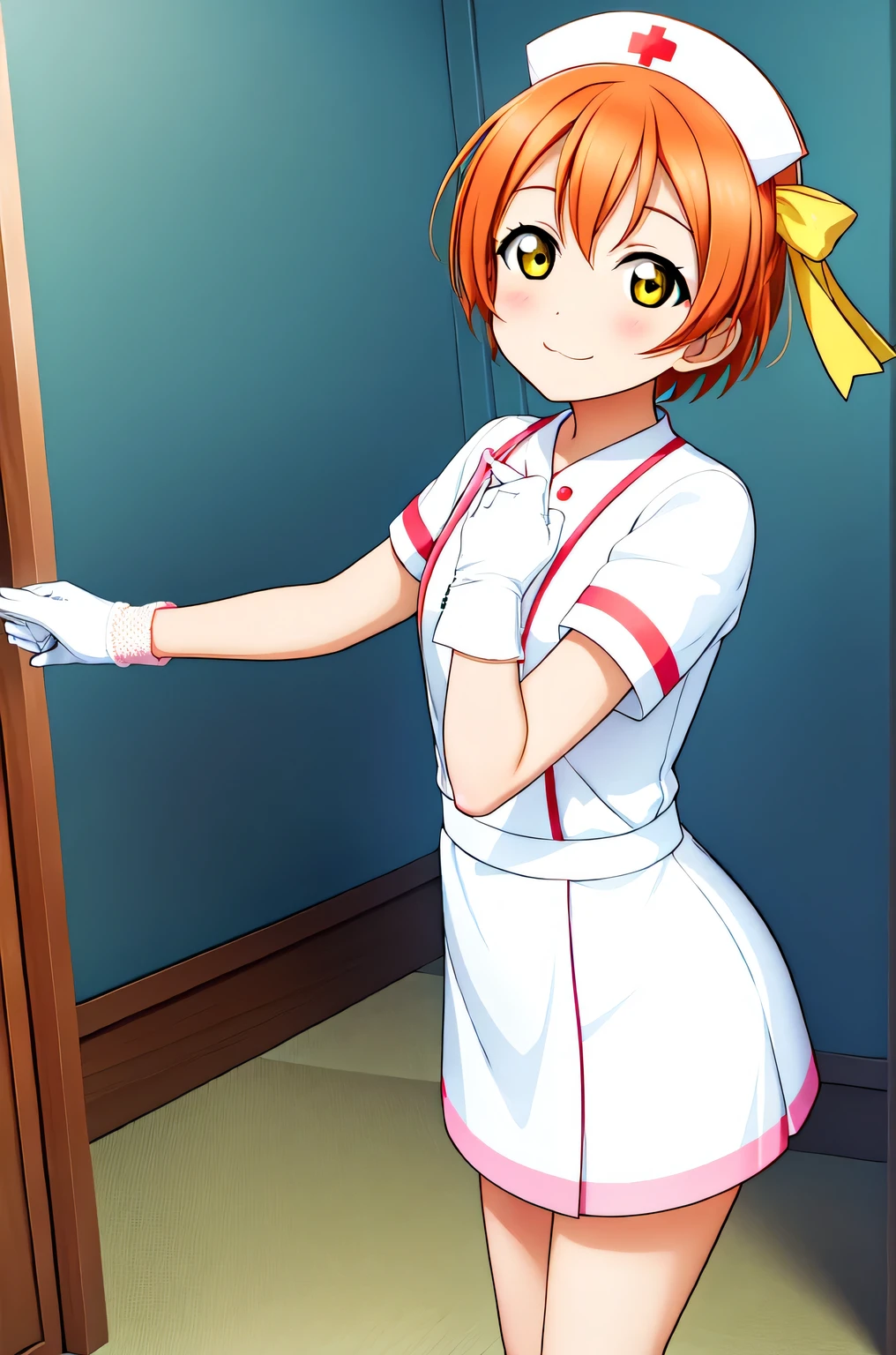 rin hoshizora, short hair, orange hair, yellow eyes, small breasts, solo, nurse, ((white nurse cap, white nurse's outfit)), ((white legwear, zettai ryouiki)), white gloves, smile, :3, standing, hospital room, sharp outline, short sleeves, best quality, masterpiece