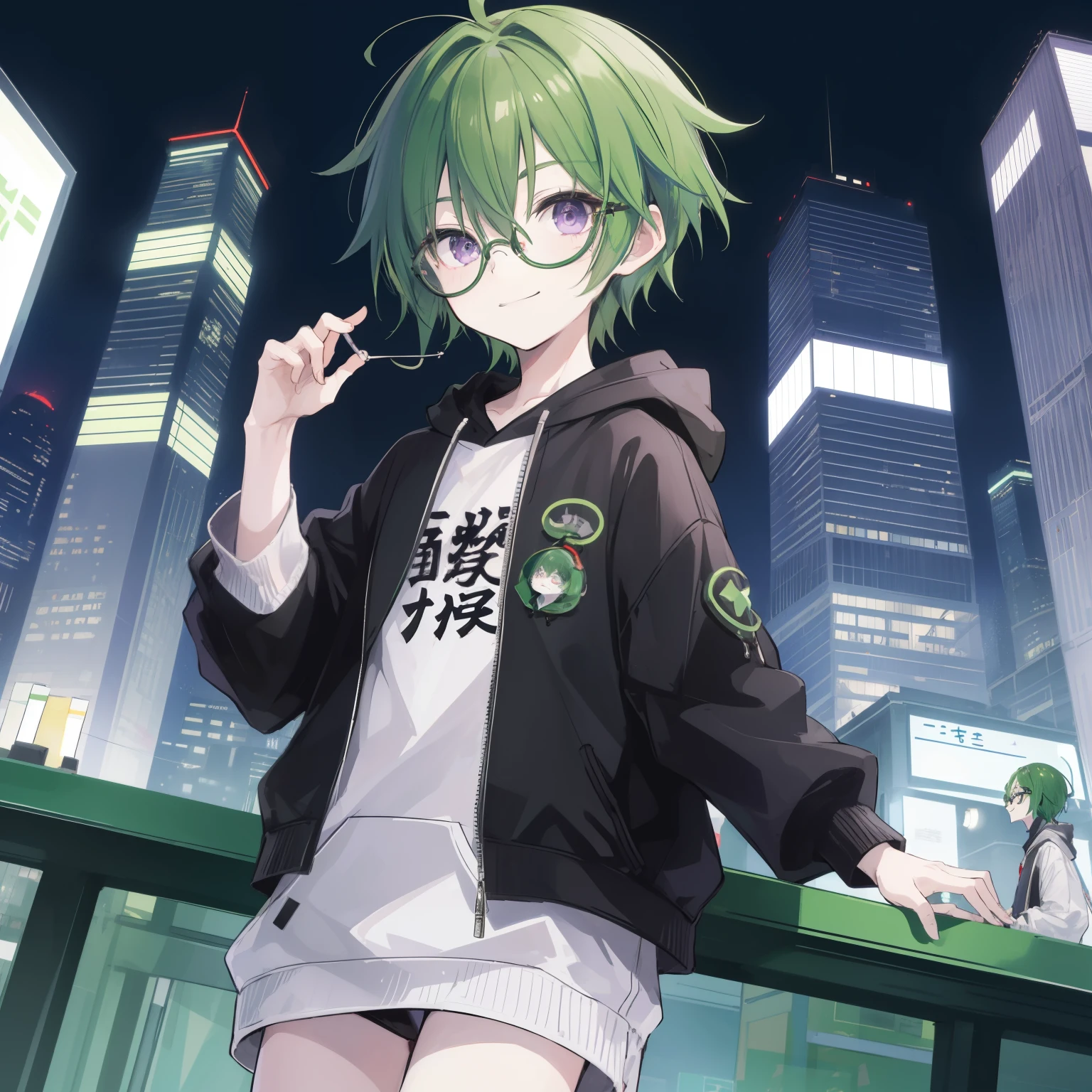 Shota boy,green hair,short hair,wearing a black circle glasses,two green antenna,purple eyes,cute,white skin,wearing a hoodie,innocent,smiling,shy,night in shanghai,standing