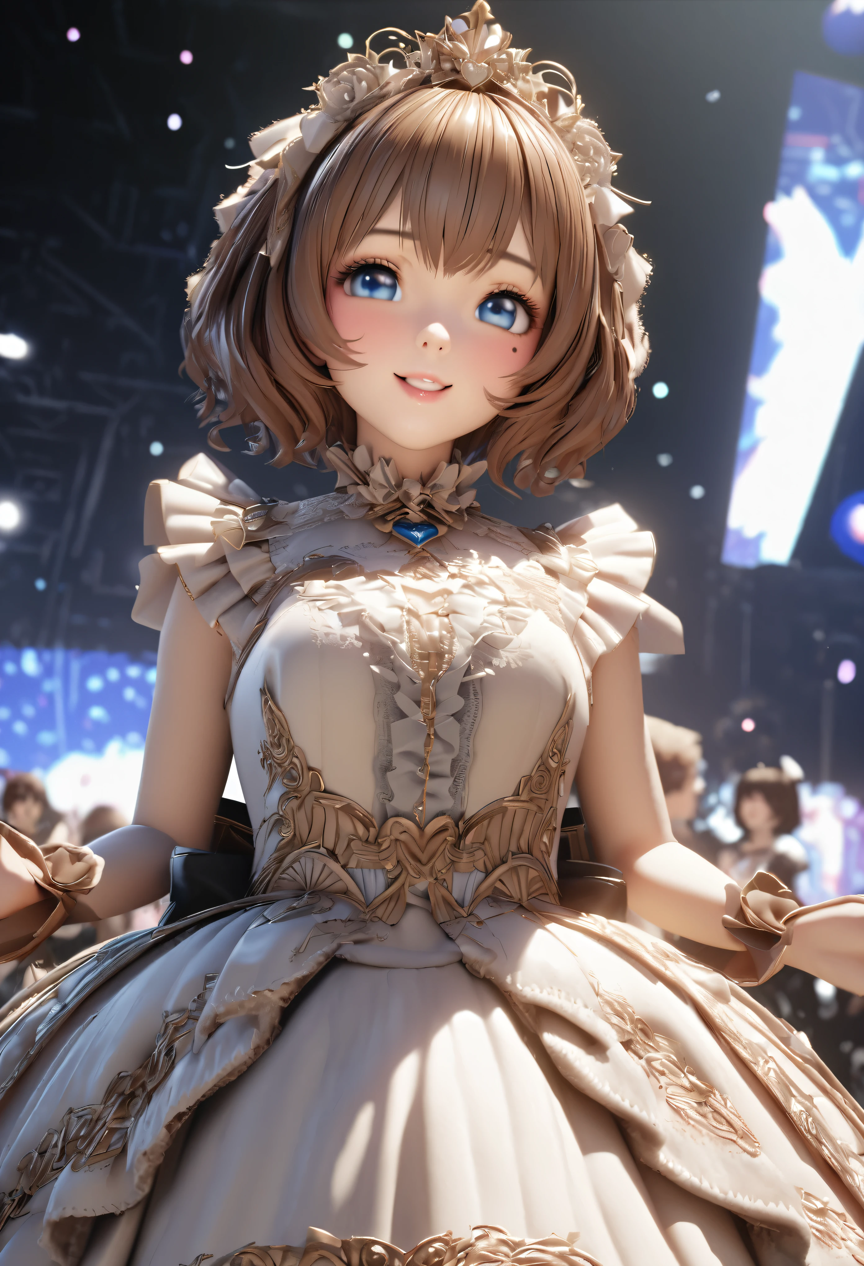 One Girl、Looking at the audience、
Beautiful Blue Eyes、Brown short hair、Mole under the eye、Plump and glossy lips、Heart-shaped choca、Idol、smile、ー、。.。.。.。.。.。.。.。.。.。.。.。.。.。.。.。.。.。.3D、Realistic、
Princess dress with too many frills、Drape clothes、gem、The decoration has been removed、Floral、Lace trim、bright stage、
masterpiece、highest quality、8k、Detailed skin texture、Detailed cloth texture、Beautifully detailed face、Intricate details、Very detailed、
超A high resolution、8k Ultra HD、Film Grain、Best Shadow、delicate、Gazing at the audience、front