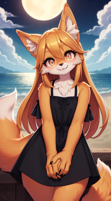 best quality,best resolution,(fluffy anthro furry :1.6),fox girl,small breasts,(light yellow hair),long hair,messy hair,yellow eyes,glistering eyes,sparkle eyes,(light yellow fur :1.6),white seethrough dress,flower hairpin,glasses,night,beautiful beach resort,moonlight,sweating,very hot,heavy breath,full face blush,looking at viewer,(heart expression eyes),(heart eyes),shy face,smile