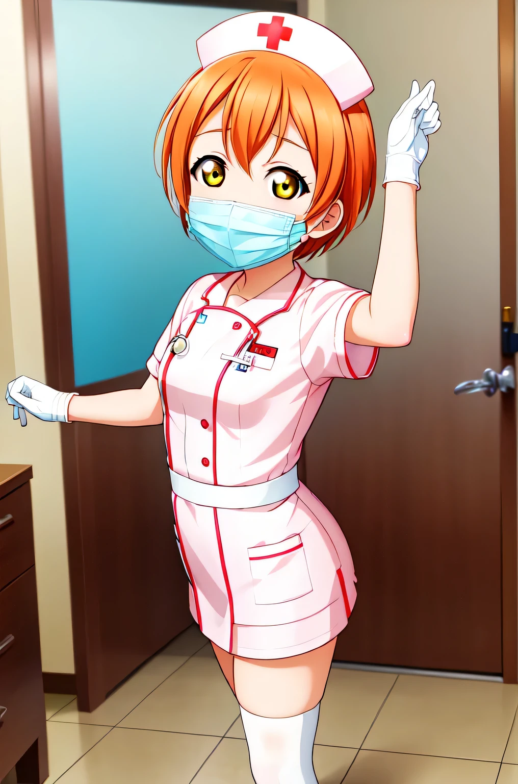 rin hoshizora, short hair, orange hair, yellow eyes, small breasts, solo, nurse, ((white nurse cap, white nurse's outfit)), ((white legwear, zettai ryouiki)), white gloves, ((white surgical mask, covered nose)), standing, hospital room, sharp outline, short sleeves, best quality, masterpiece