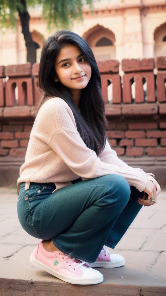 beautiful cute young attractive indian teenage girl, City girl, 18 years old, cute, Instagram model, long black_hair, colorful hair, warm, dacing , indian, in New Delhi red fort, jeans white colour+ top green colour + Sneakers pink colour cloth