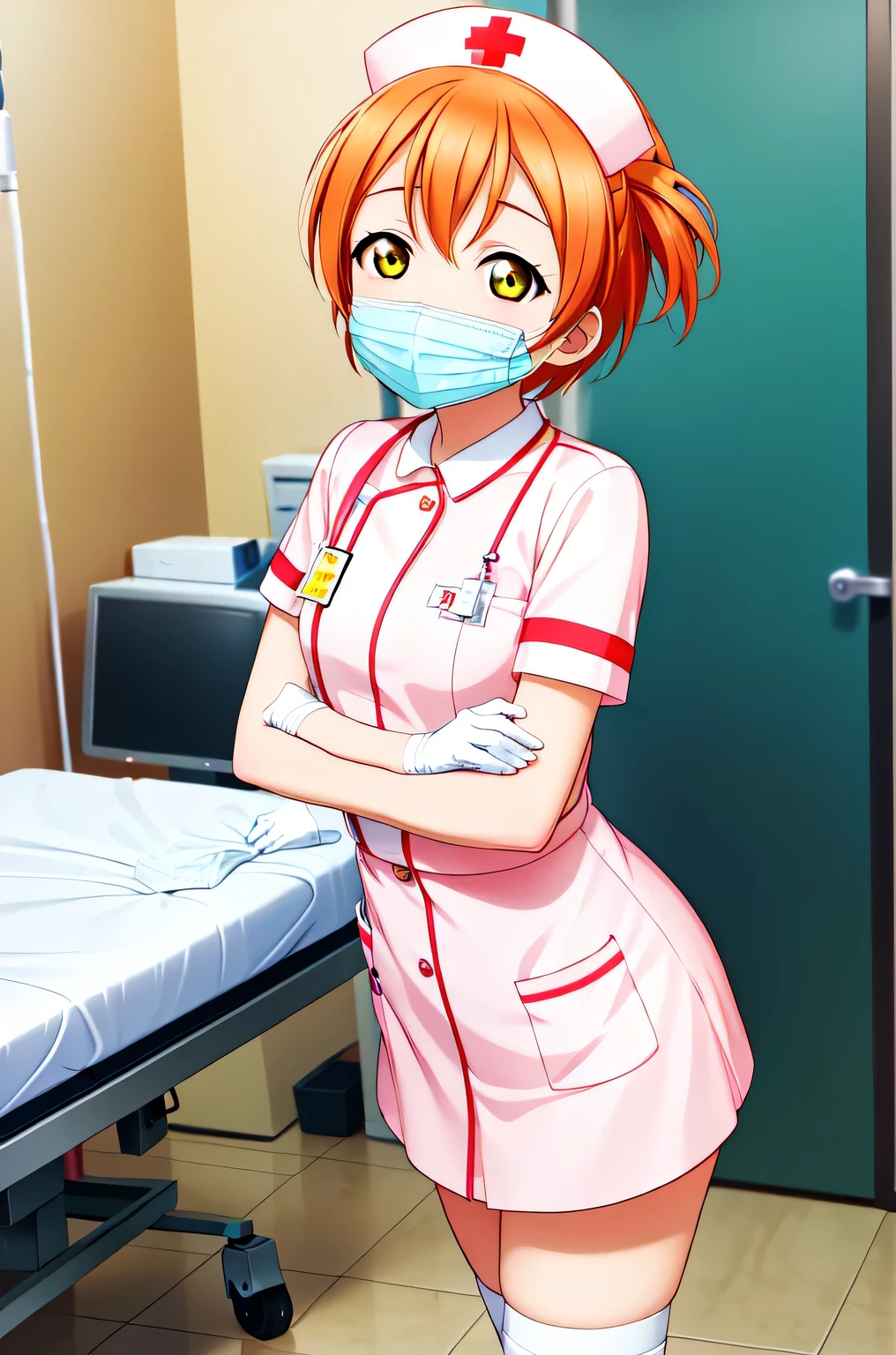 rin hoshizora, short hair, orange hair, yellow eyes, small breasts, solo, nurse, ((white nurse cap, white nurse's outfit)), ((white legwear, zettai ryouiki)), white gloves, ((white surgical mask, covered nose)), standing, hospital room, sharp outline, short sleeves, best quality, masterpiece