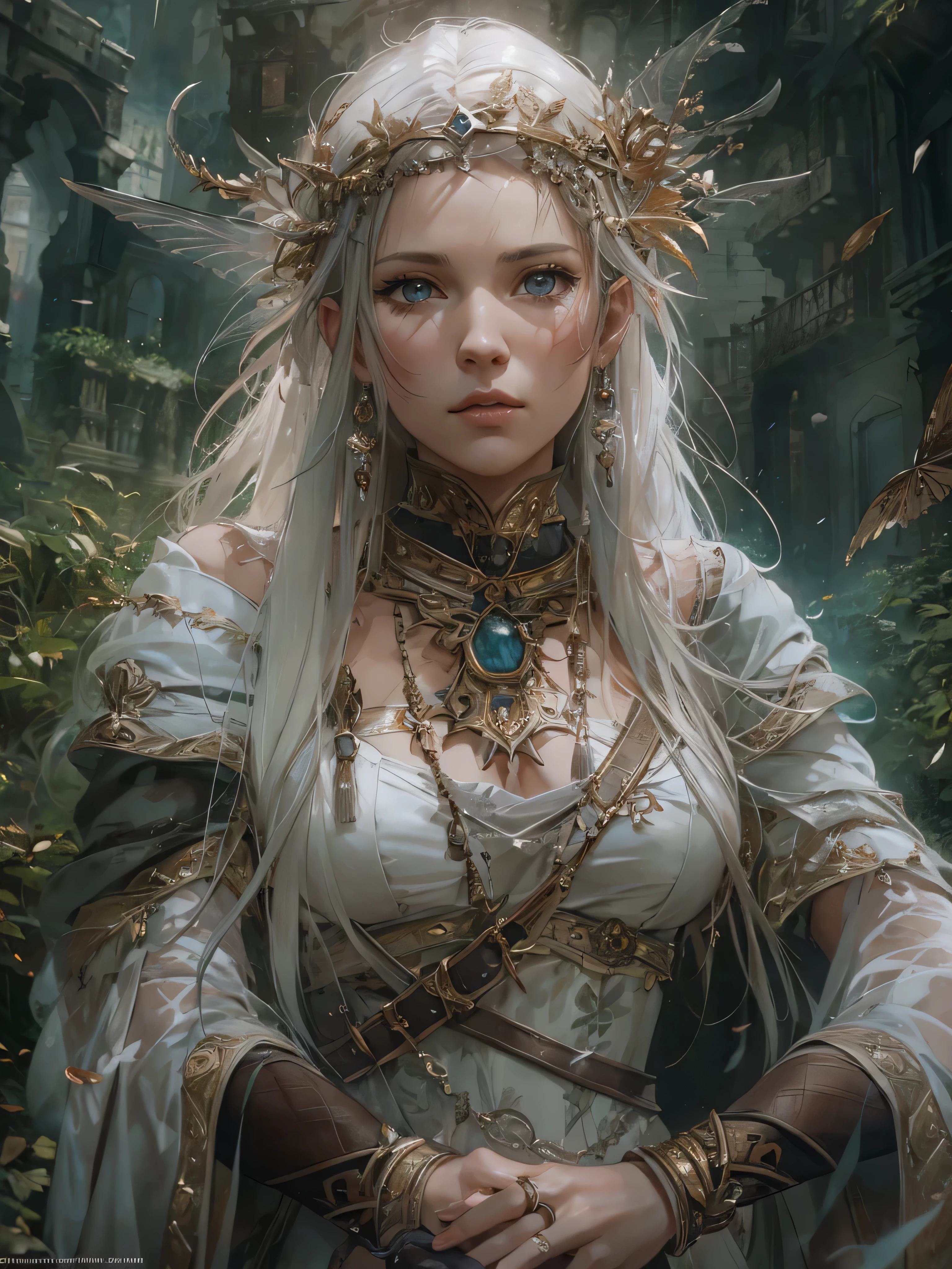 (by Greg Rutkowski: 1.2), (masterpiece), ((best quality)), extremely delicate and beautiful, illustration, (fantasy landscape), A mesmerizing fantasy with enchanting elements blending seamlessly. ((1women, solo, hips up, look at viewer, (detailed face), white hair, medieval armor, dark souls style, jewelry)), HD. elegance. photorealism. Unreal engine. From Brian Froud and Carne Griffiths and Wadim Kashin and John William Waterhouse, 8K post-production, high resolution, hyperdetailed, depth of field, HDR, intricate