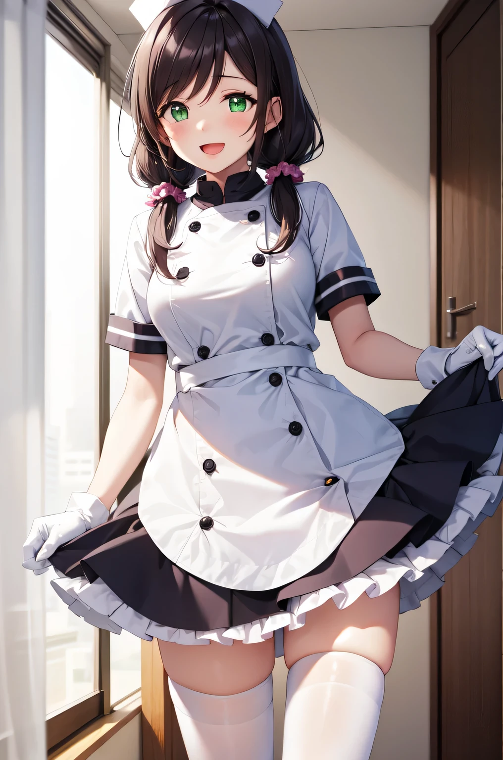 nozomi toujou, (green eyes:1.5), purple hair, twintails, low twintails, scrunchie, long hair, solo, nurse, ((white nurse cap, white nurse's outfit)), ((white legwear, zettai ryouiki)), white gloves, smile, open mouth, standing, hospital room, sharp outline, short sleeves, best quality, masterpiece