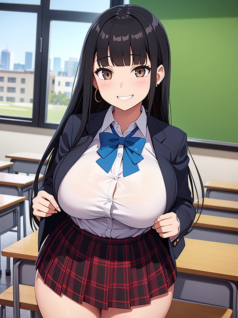 sexy girl, huge breasts, large breasts, curvy, black hair (straight bangs), brown eyes, long hair, female , school plaid short skirt, earrings, grinning, standing, classroom, indoor, solo focus, bright day, (multiple students)