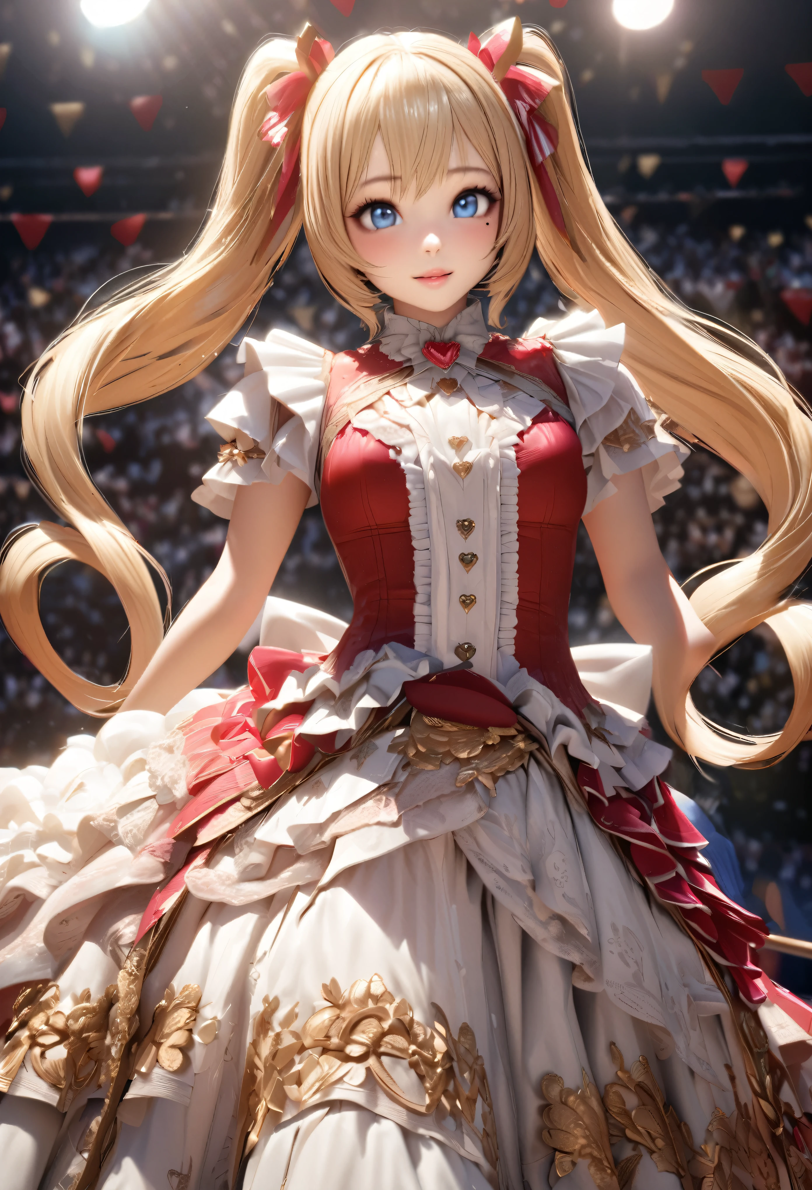 One Girl、Looking at the audience、
Beautiful Blue Eyes、Blonde twin-tailed hair、Mole under the eye、Plump and glossy lips、Heart-shaped choca、Idol、smile、ー、。.。.。.。.。.。.。.。.。.。.。.。.。.。.。.。.。.。.3D、Realistic、
Princess dress with too many frills、Drape clothes、gem、The decoration has been removed、Floral、Lace trim、bright stage、
masterpiece、highest quality、8k、Detailed skin texture、Detailed cloth texture、Beautifully detailed face、Intricate details、Very detailed、
超A high resolution、8K Ultra HD、Film Grain、Best Shadow、delicate、Staring at the audience、front