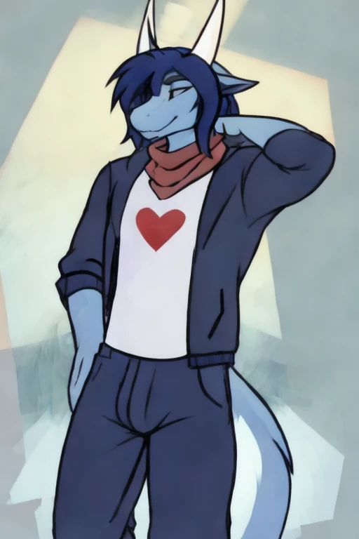 (((ace light blue fur with dark blue hair and 2 white horns, and is wearing a black pika jacket with a red scarf and a light blue t-shirt underneath the jacket with some long pants and a design on his T-shirt)) , day, sexy, sensual, detailed, uploaded to e621, beautiful and detailed portrait of an anthropomorphic with He has all
, ((male ))) kenket, Ross Tran, ruan jia, uploaded to e621, zaush, foxovh, movie lighting, skinny, alone, laying down in bed, in a bedroom, bedroom, laying down completely but back against the bed, camera angle above him, not very much muscle, thick line cartoon style,