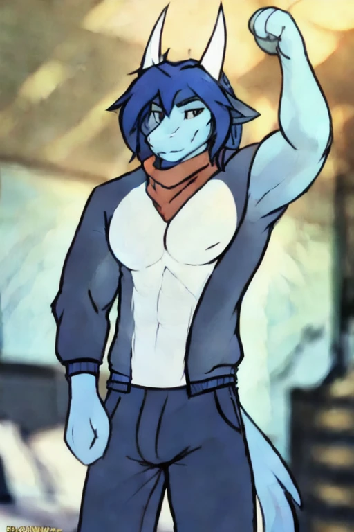 (((ace light blue fur with dark blue hair and 2 white horns, and is wearing a black pika jacket with a red scarf and a light blue t-shirt underneath the jacket with some long pants and a design on his T-shirt)) , day, sexy, sensual, detailed, uploaded to e621, beautiful and detailed portrait of an anthropomorphic with He has all 
, ((male ))) kenket, Ross Tran, ruan jia, uploaded to e621, zaush, foxovh, movie lighting, skinny, alone, laying down in bed, in a bedroom, bedroom, laying down completely but back against the bed, camera angle above him, not very much muscle, thick line cartoon style, 