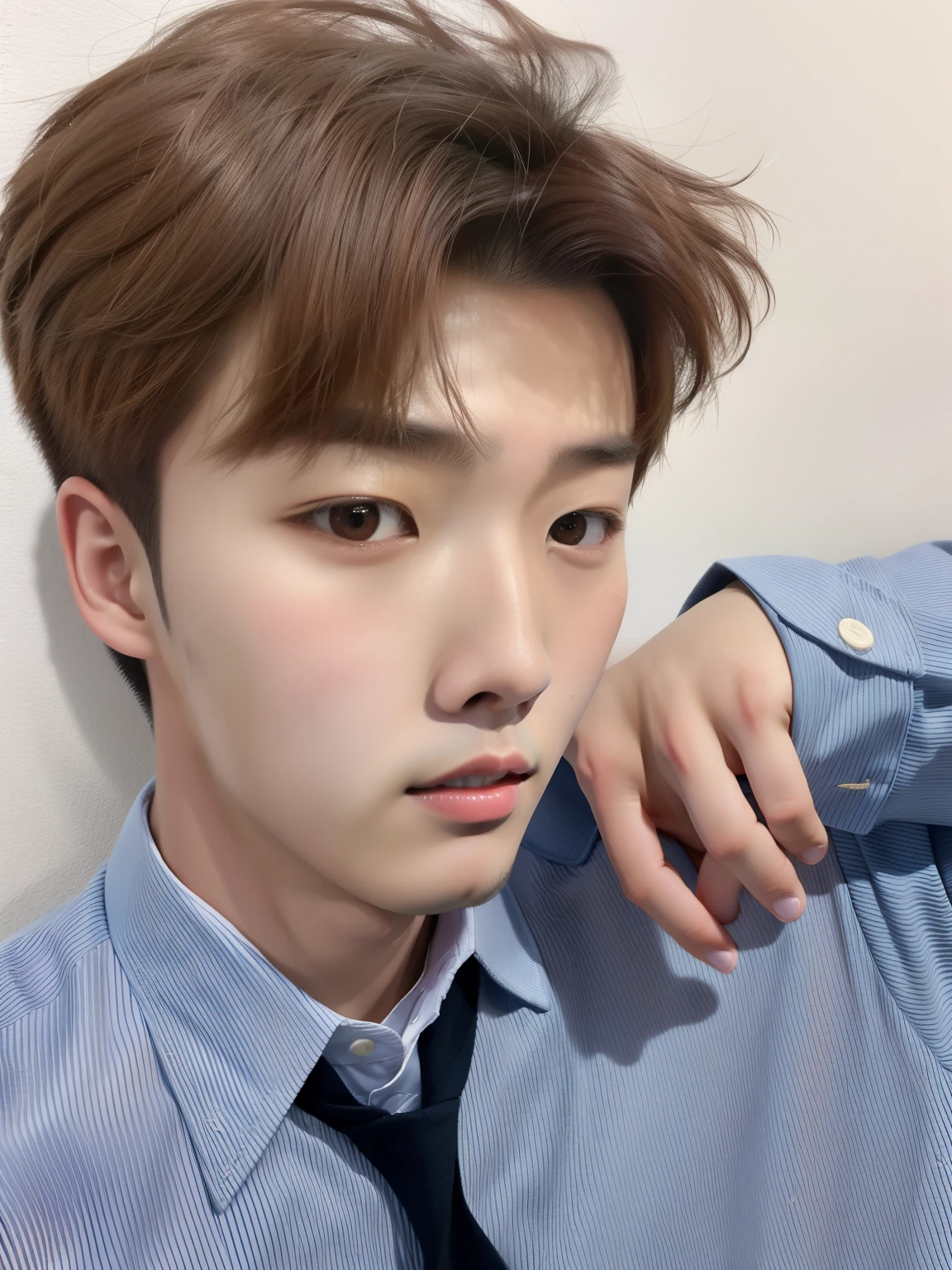 Hay un cabello desordenado,Hombre con camisa, handsome japanese demon boy, hombre surcoreano, 27 years old, Look at the camera carefully, Young cute pale asian face, 1 7-year-old boy with a thin face, 28 years old, 8k selfie photography, 22 years, selfie shot straight at angle, pintar ulzzang