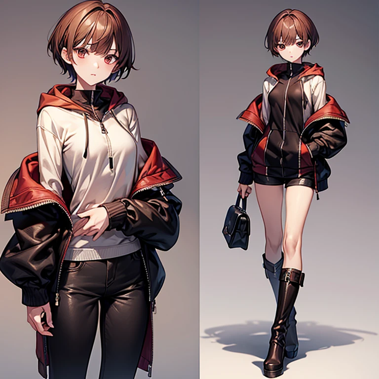 masterpiece、Subtle details、Slender beauty、Put on the hood、slim、Small breasts、Sharp eyes、younger sister、Pixie Cut、Short nape、Oversized zip-up jacket(hoodie)、Tight skinny pants、Platform boots、Reddish brown hair、