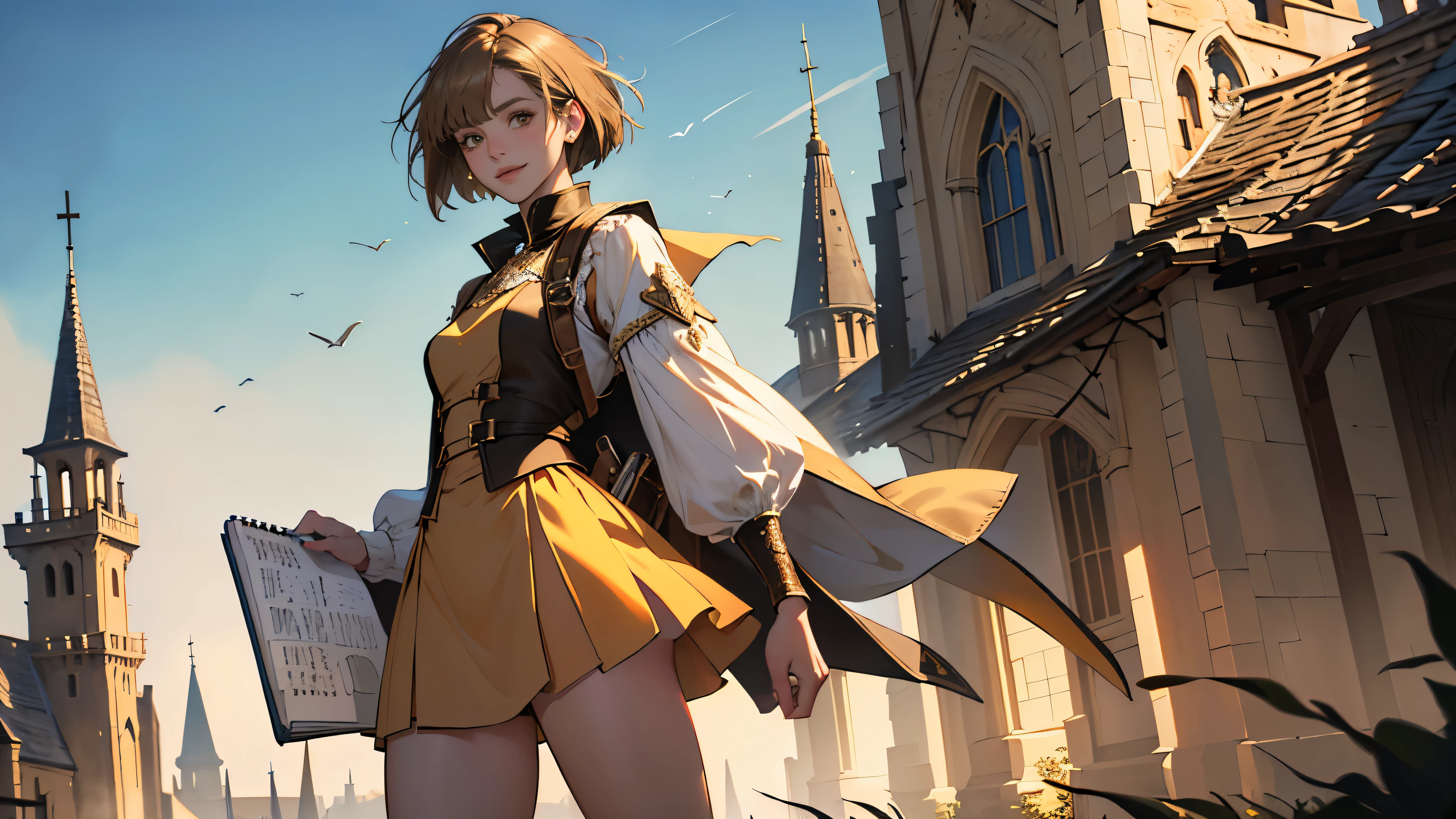 masterpiece, super detailed, 8K portrait, RAW photo, portrait photography, whole body, highly detailed face, ((fantasy)), young and beautiful, 27 years old, solo, smile, ((((reception))), Are standing, (((Light brown short bob hair))) fluttering in the wind, dull bangs, ocher long puffy sleeve clothes, Yellow waistcoat, short skirt, ((notebook in hand)), Morning sun, surreal, body model, small breasts, beautiful breasts, long legs, In the medieval adventurer&#39;s guild, environmental lighting, shadow details , focus the camera on the face, strong wind, light fog