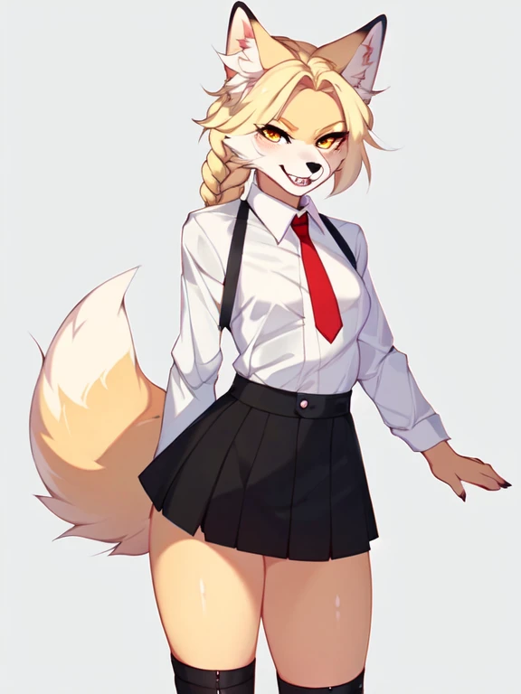 (By hyattlen, by fumiko, by claweddrip):1.2, solo, (tan fox girl), female, fluffy tan ears, (tan_body:1.1), black nose, yellow eyes, cute snout, fluffy blonde tail, white tail tip, long blonde french braided hair, visible fangs, grinning, devious, big wide mouth, large sharp canine teeth, angry eyes, detailed eyes, small breasts, wearing white button up shirt, red tie, black skirt, combat boots, standing, neutral pose, no background, white background, close up, nice hands, good anatomy, masterpiece