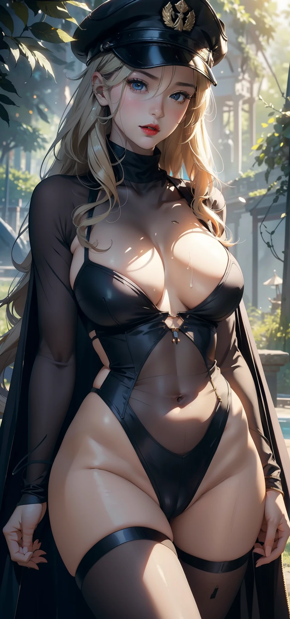 1 female,35 years old,Slim,Very large ,Large target breasts and thin waist,Long legs,White skin,Red lips, 1 female,35 years old,Large target breasts and thin waist,Slim,Large target ,(background:forest,,summer) She has long blonde hair,curls,Long hair flying,permanent,Sweat,soak,From the front, Straight Hair, partly cloudy,(((masterpiece),(Highly detailed CG Unity 8k wallpaper),best quality,Movie Lighting,細緻的background,Beautiful and delicate eyes,black eyes,(Very delicate and beautiful),(Beautiful and detailed description of the eyes),Ultra Detailed,masterpiece,)),Facing the camera,high resolution,Ultra Detailed),Exposing breasts,Exposing genitals, Convex,Legs open,Convex起性感,Camel toe,Chinese soldiers(wear:Military cap,Turtleneck shirt,Transparent tights)Sci-fi style,nude