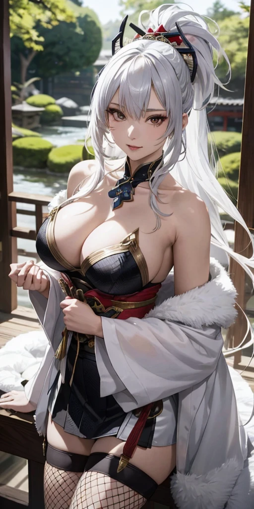 Very detailedな CG Unity 8K UHD 品質解像度の壁紙, Award-winning portraits, Official Art, A perfect masterpiece, highest quality, Highest Resolution, The most beautiful demon goddess, Very detailedな原宿スタイルのフード付きacceptCostume, mini skirt,Fishnet tights, Bold colors and patterns, Trendy and innovative platinum white mohawk hairstyle, Bright makeup, Super huge huge , Showing cleavage, accept'large chest sticks out'Costume, A stunning feudal Japanese garden, Faithfully recreated feudal Japan...., Vibrant color scheme, Insane Details, Beautiful and dense face, blush, Sexy and charm lascivious expression, Looking at the audience, Obscene, Saucy, charm, sexy, Dynamic pose, Intricate details, Very detailed.