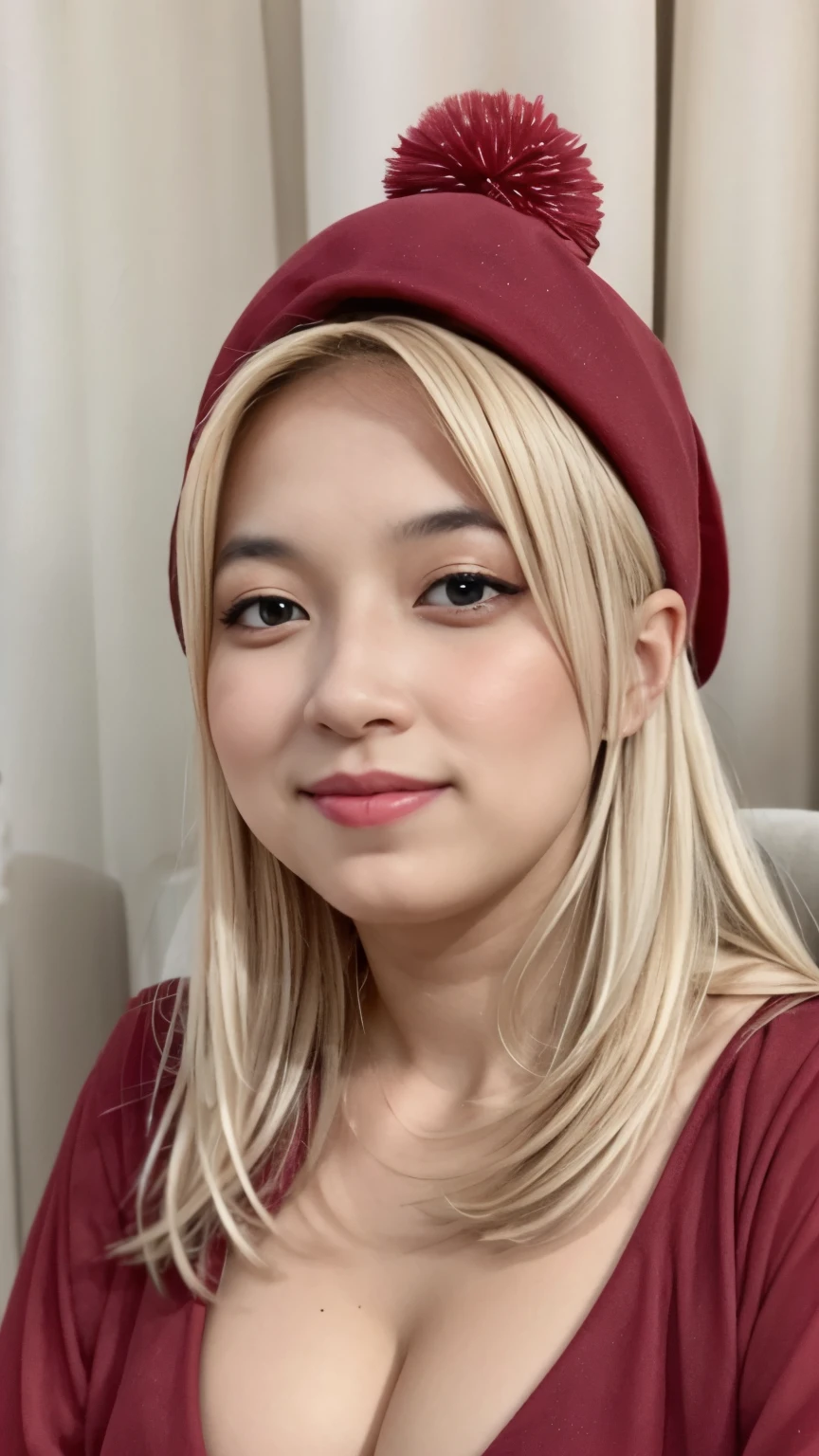 a portrait of a blonde girl with red hatand red shirt, ((big breast)) , cleavage 